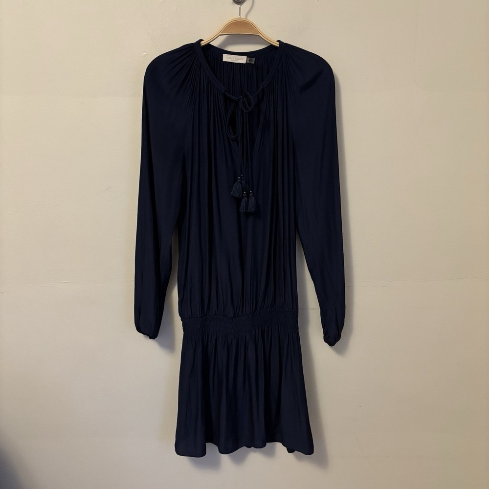 Ramy Brook Paris Blouson Mini Dress Blue Smocked Drop Waist S Satin Quiet Luxury